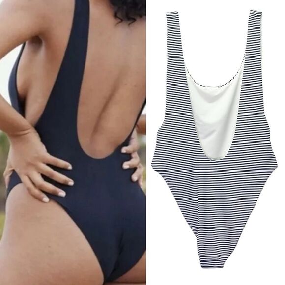 Aerie Super Scoop One Piece Swimsuit Size XL Navy White Stripe Hi Cut Cheeky - Picture 5 of 13